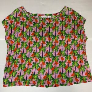 Bouffants Broken Hearts Linen Top Women Pink Flamingo Pullover Shirt Small